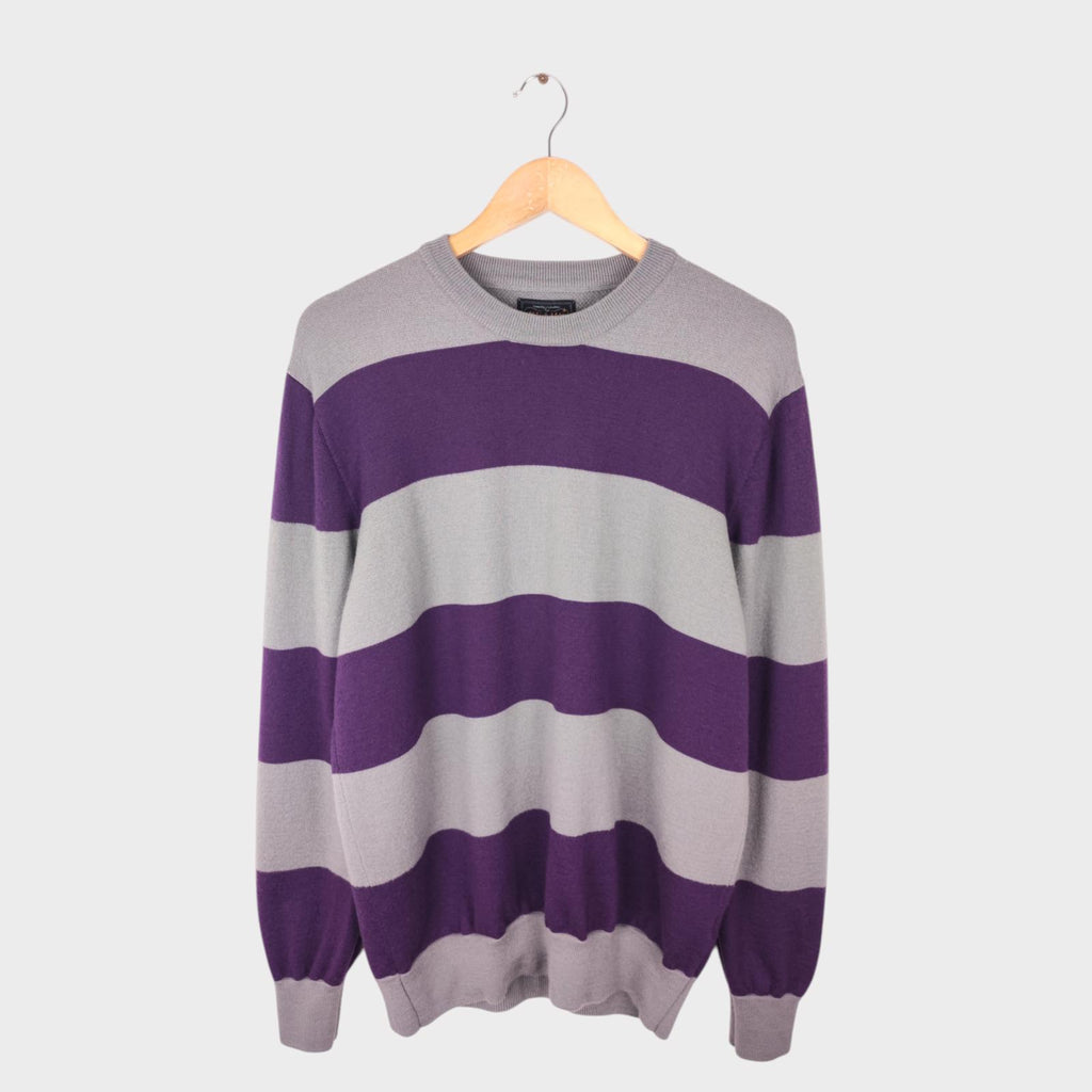 BEAMS PLUS Men's Grey/Purple Broad Striped 100% Wool Crewneck Jumper