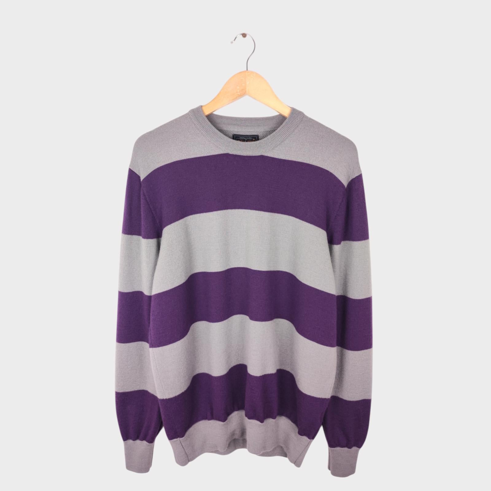 BEAMS PLUS Men's Grey/Purple Broad Striped 100% Wool Crewneck Jumper