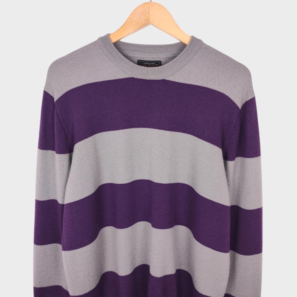 BEAMS PLUS Men's Grey/Purple Broad Striped 100% Wool Crewneck Jumper