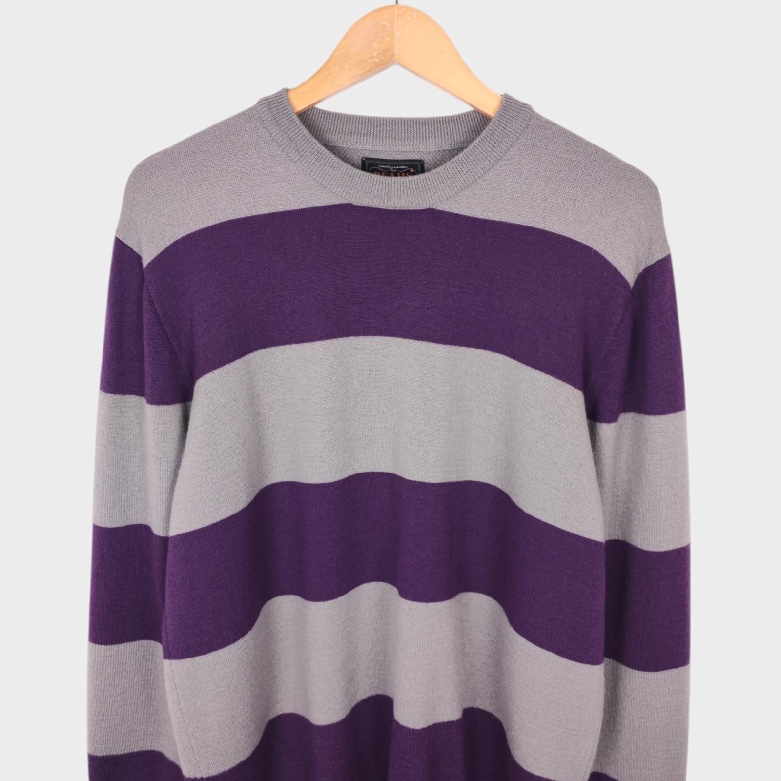 BEAMS PLUS Men's Grey/Purple Broad Striped 100% Wool Crewneck Jumper