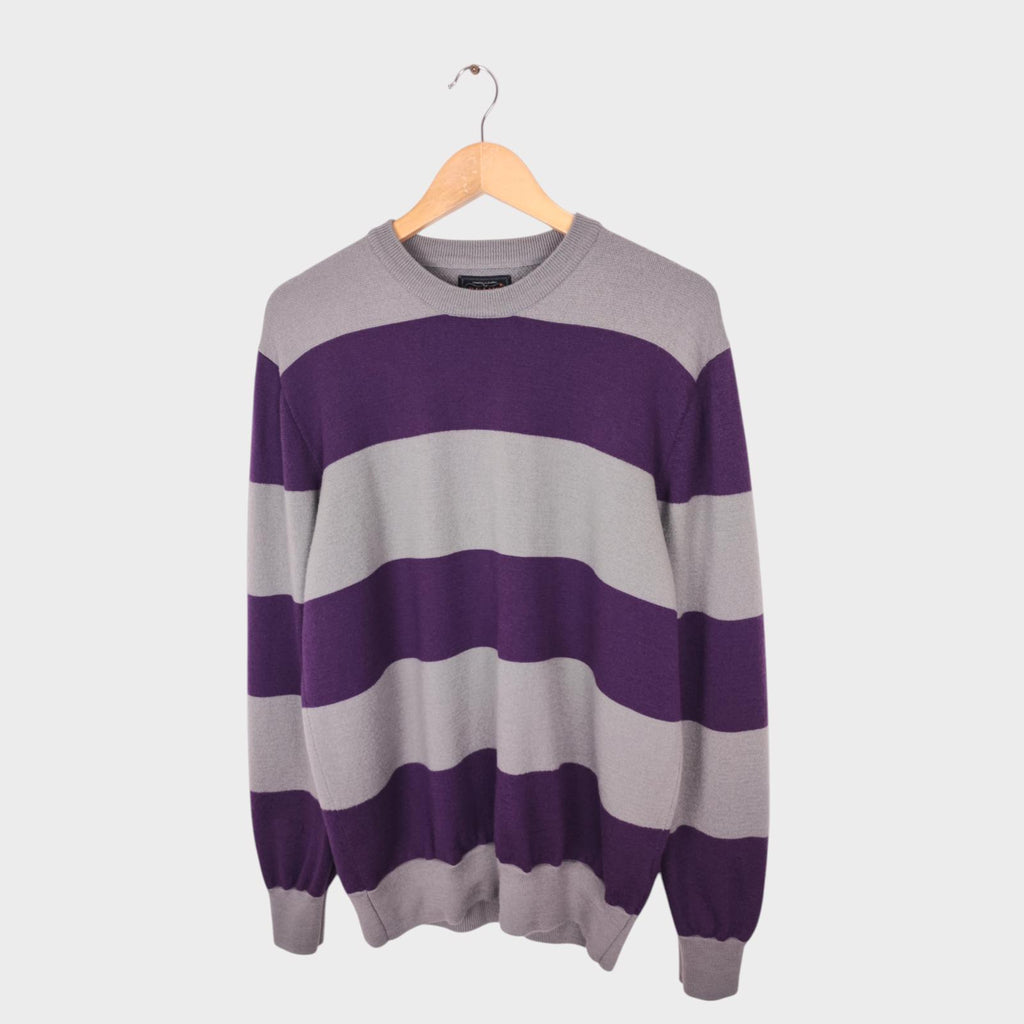 BEAMS PLUS Men's Grey/Purple Broad Striped 100% Wool Crewneck Jumper