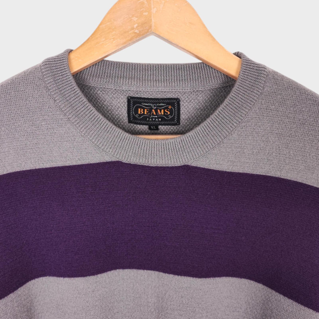 BEAMS PLUS Men's Grey/Purple Broad Striped 100% Wool Crewneck Jumper