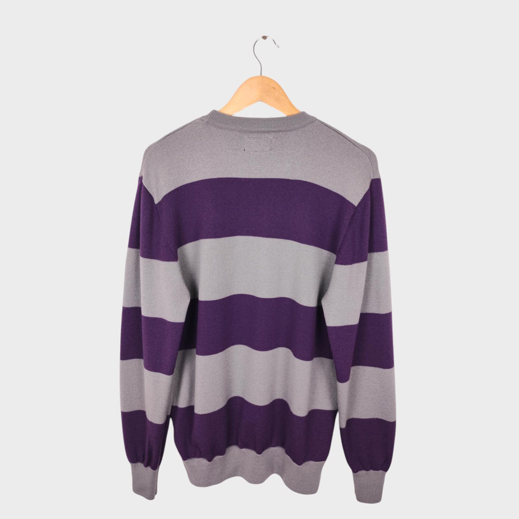 BEAMS PLUS Men's Grey/Purple Broad Striped 100% Wool Crewneck Jumper