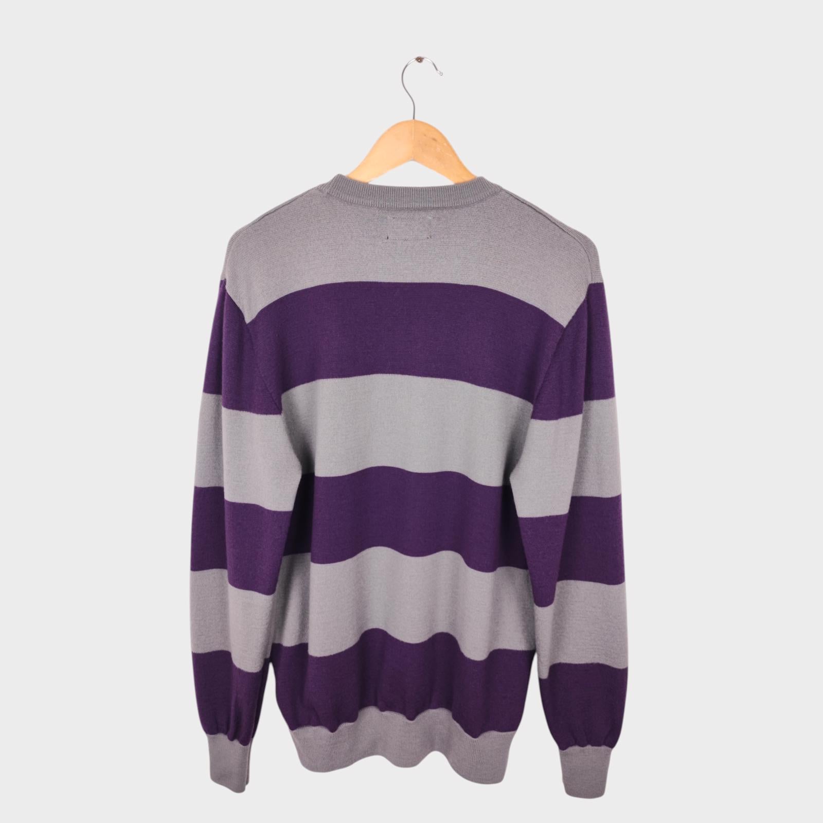 BEAMS PLUS Men's Grey/Purple Broad Striped 100% Wool Crewneck Jumper