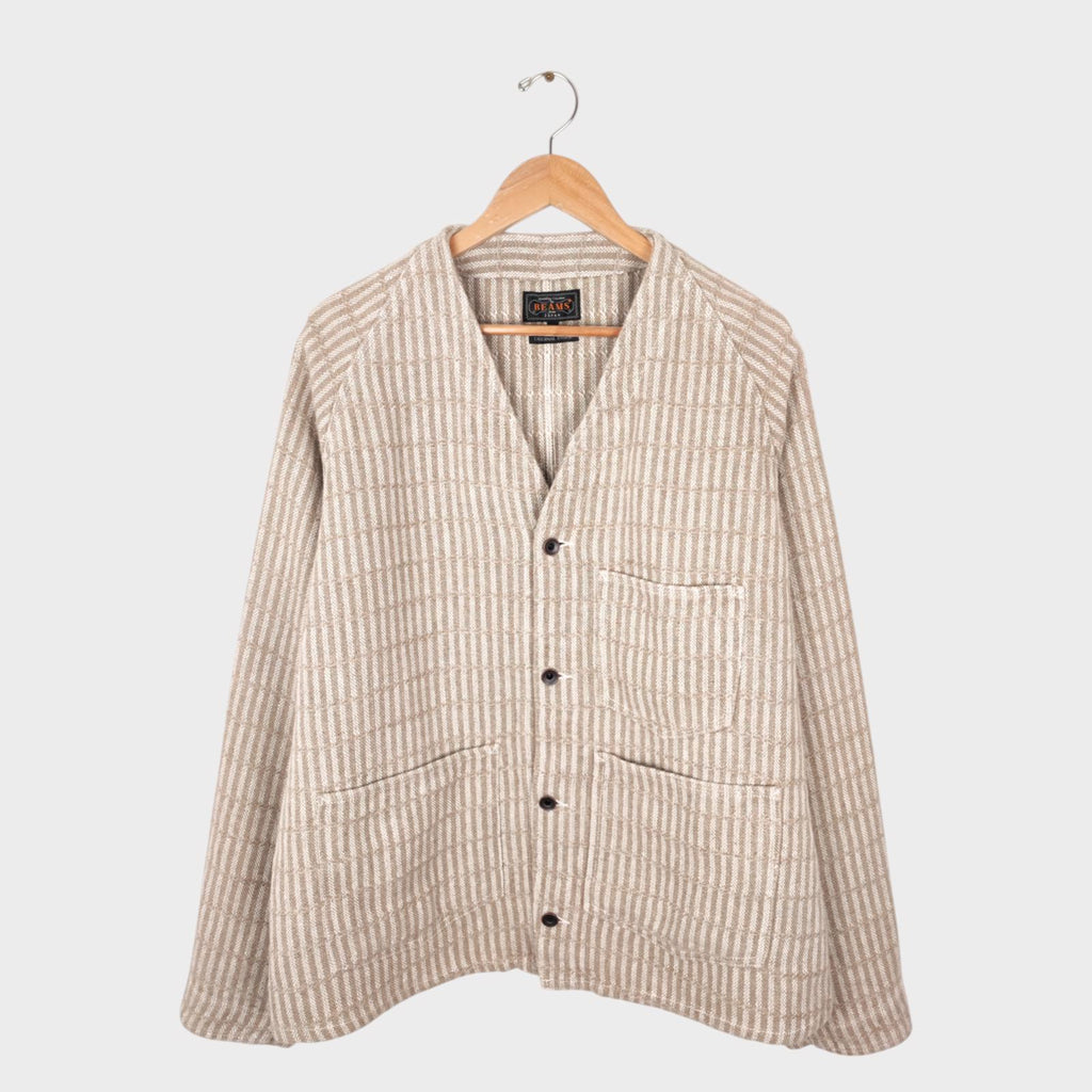 BEAMS PLUS Men's 100% Heavyweight Linen Hickory Stripe Engineer Chore Jacket