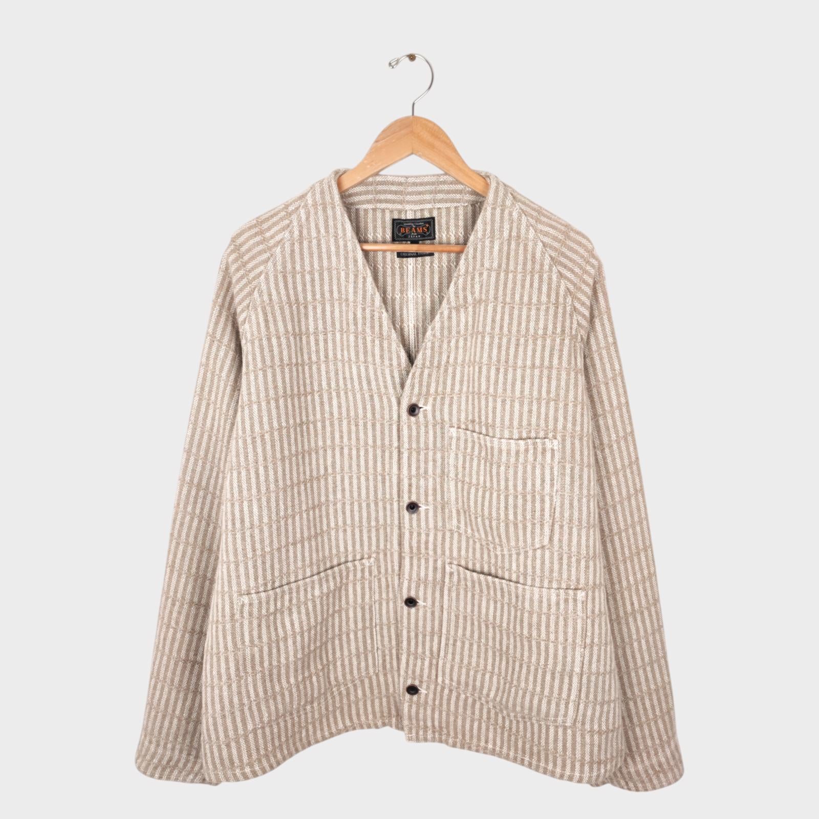 BEAMS PLUS Men's 100% Heavyweight Linen Hickory Stripe Engineer Chore Jacket