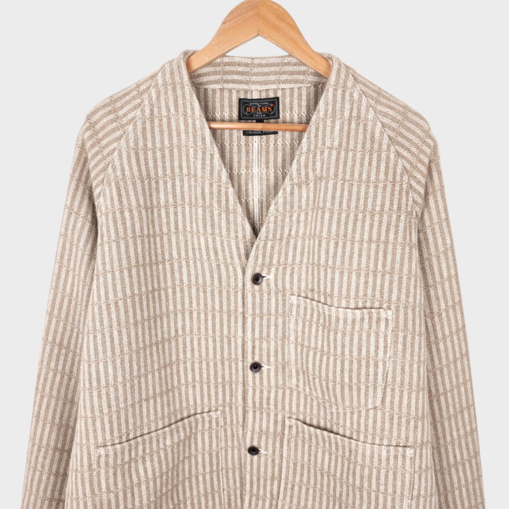 BEAMS PLUS Men's 100% Heavyweight Linen Hickory Stripe Engineer Chore Jacket