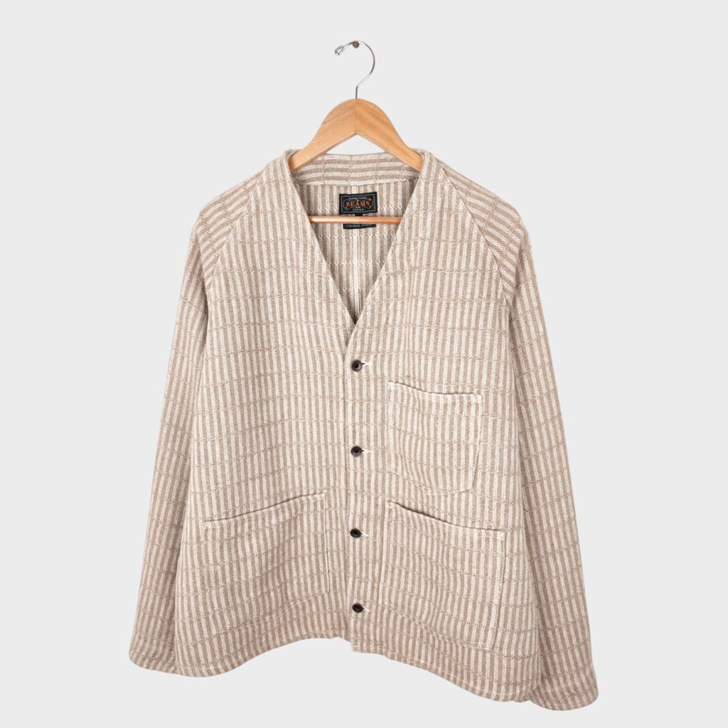 BEAMS PLUS Men's 100% Heavyweight Linen Hickory Stripe Engineer Chore Jacket
