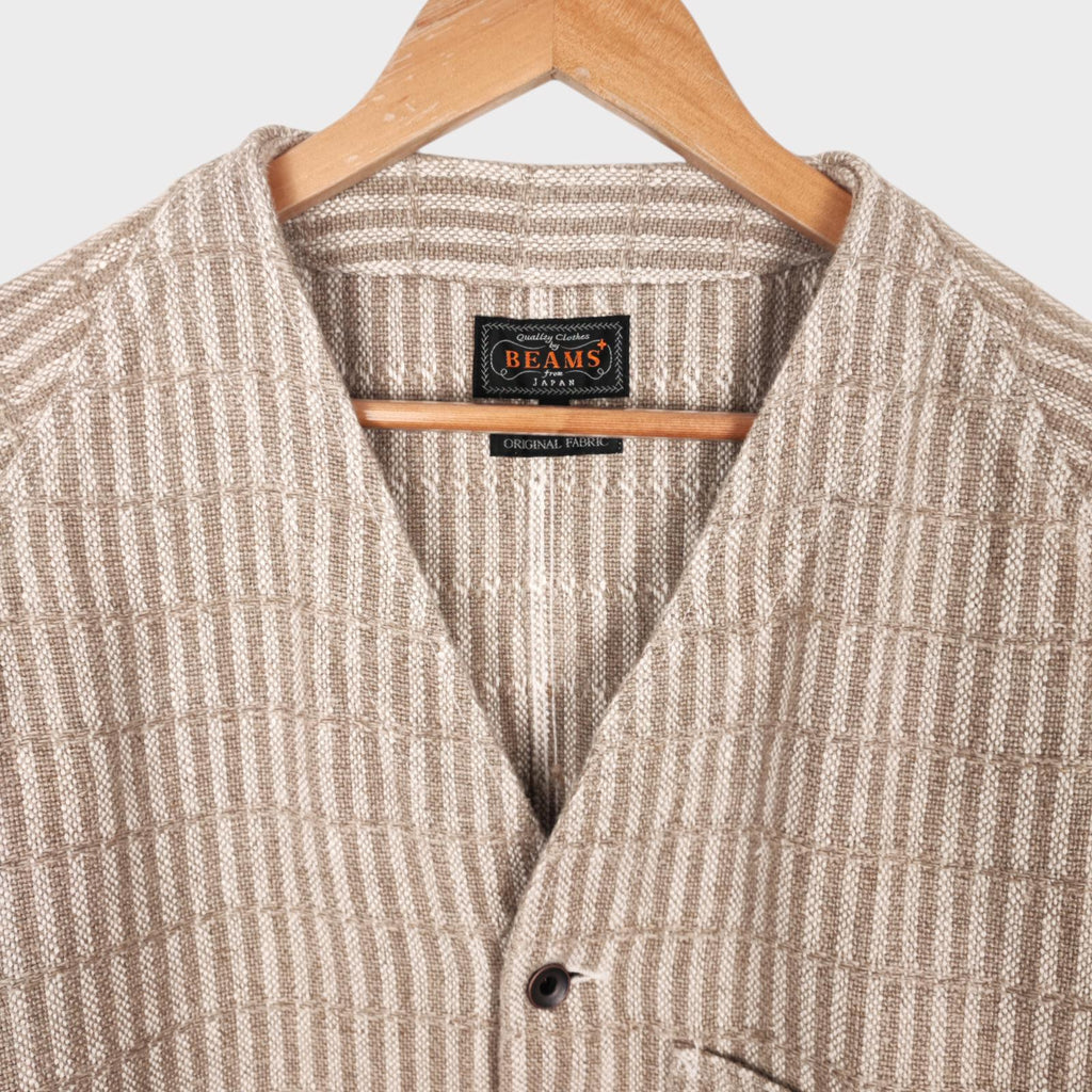 BEAMS PLUS Men's 100% Heavyweight Linen Hickory Stripe Engineer Chore Jacket