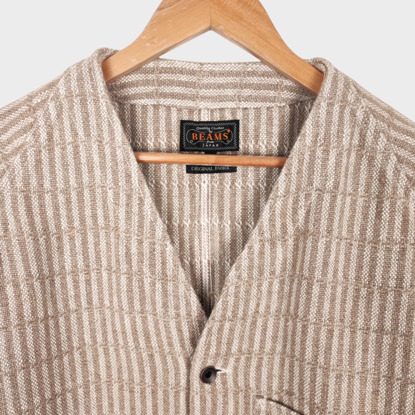 BEAMS PLUS Men's 100% Heavyweight Linen Hickory Stripe Engineer Chore Jacket