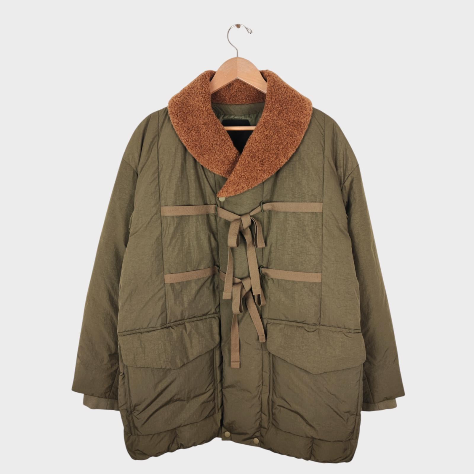 NORBIT BY HIROSHI NOZAWA Men's Khaki Green Shawl Collar Boa Down Jacket