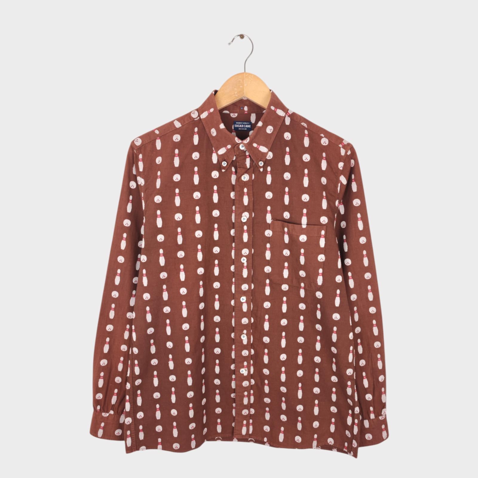 SUGAR CANE Men's Made in Japan Brown Embroidered Bowling Motif Shirt