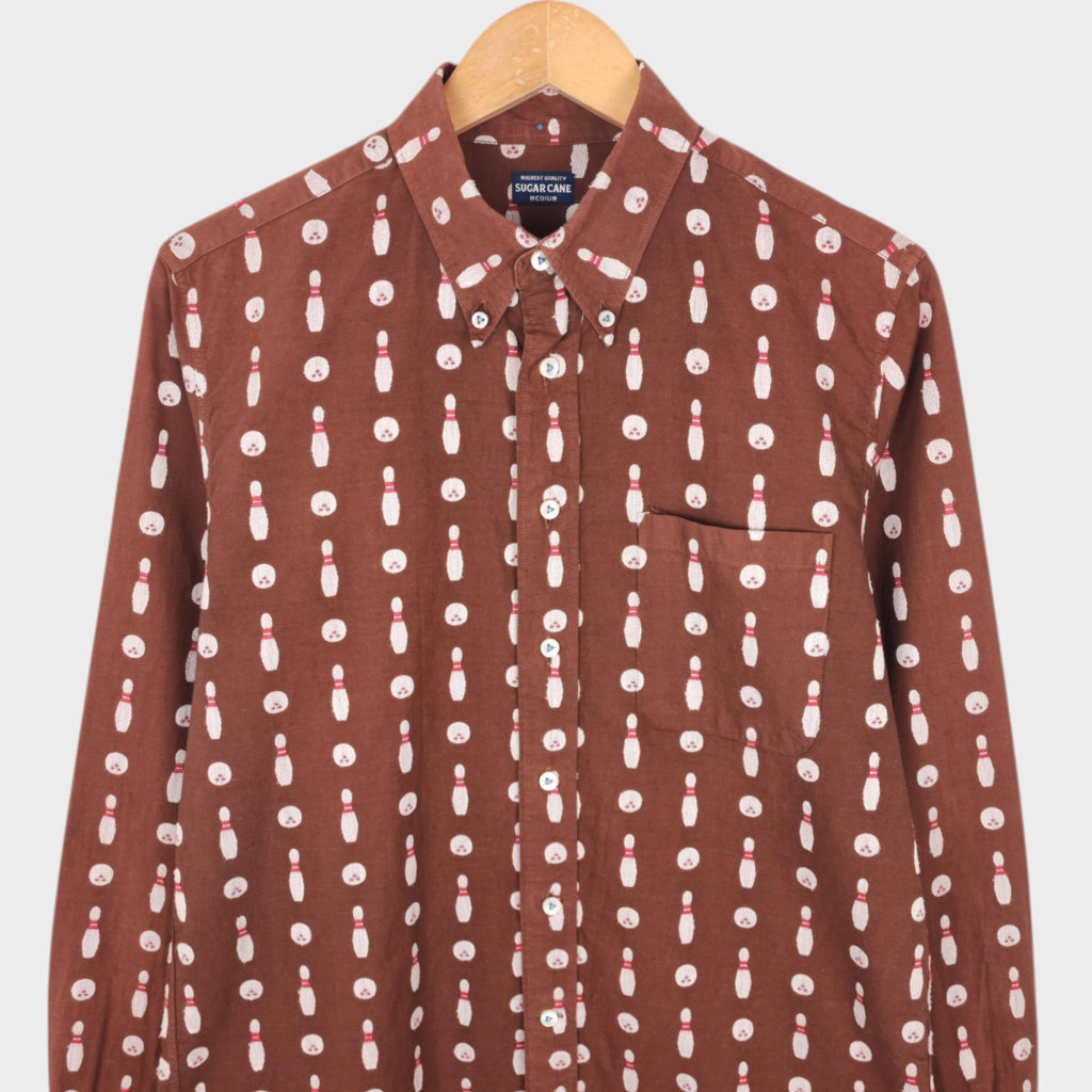 SUGAR CANE Men's Made in Japan Brown Embroidered Bowling Motif Shirt