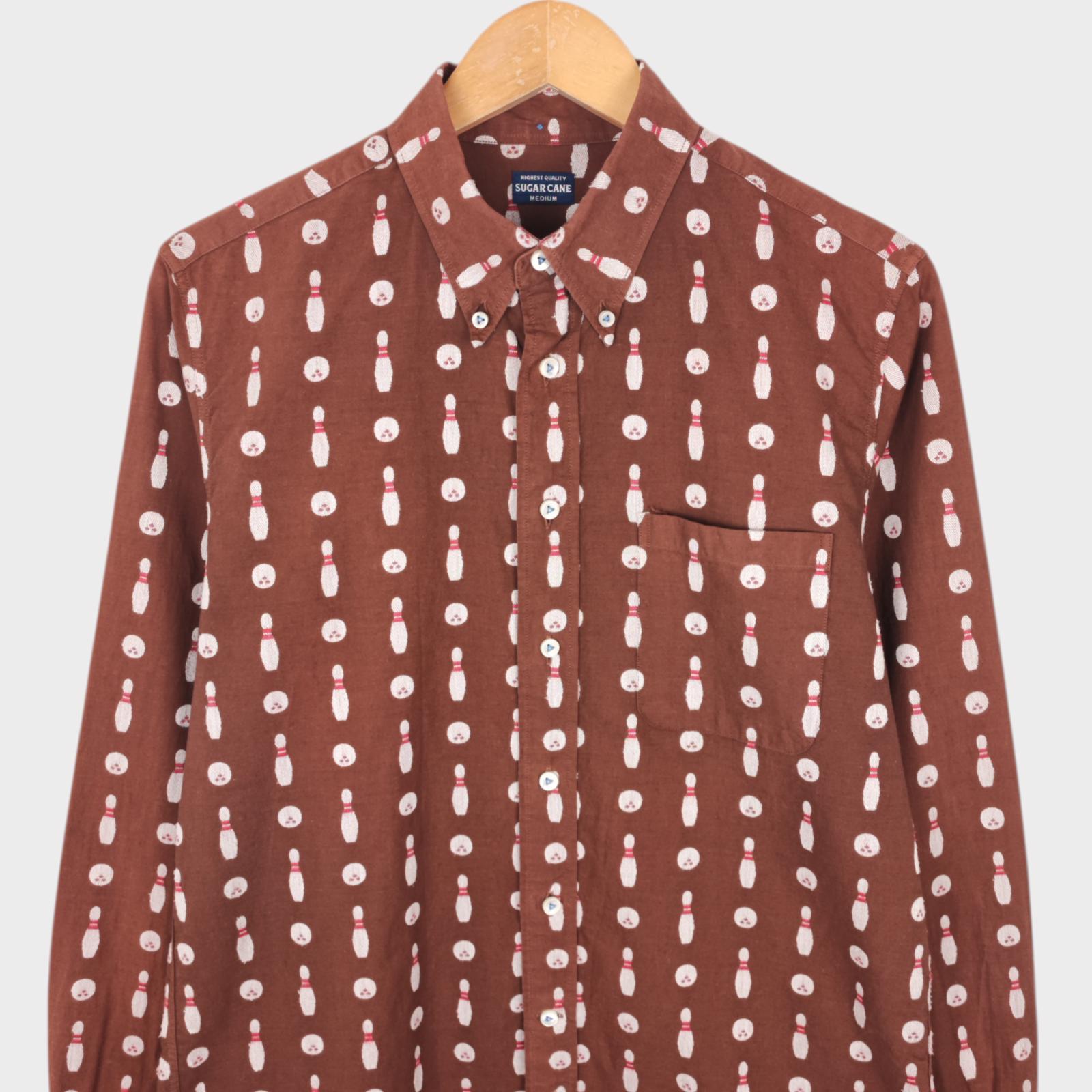 SUGAR CANE Men's Made in Japan Brown Embroidered Bowling Motif Shirt