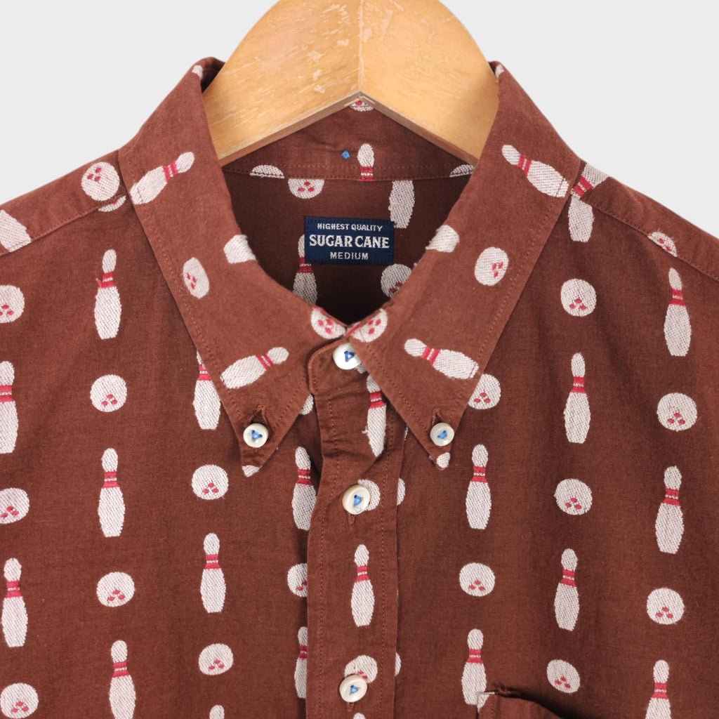SUGAR CANE Men's Made in Japan Brown Embroidered Bowling Motif Shirt