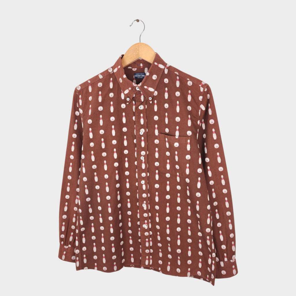 SUGAR CANE Men's Made in Japan Brown Embroidered Bowling Motif Shirt