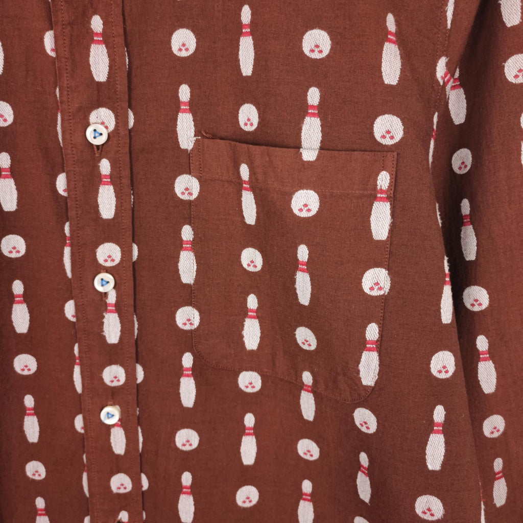 SUGAR CANE Men's Made in Japan Brown Embroidered Bowling Motif Shirt