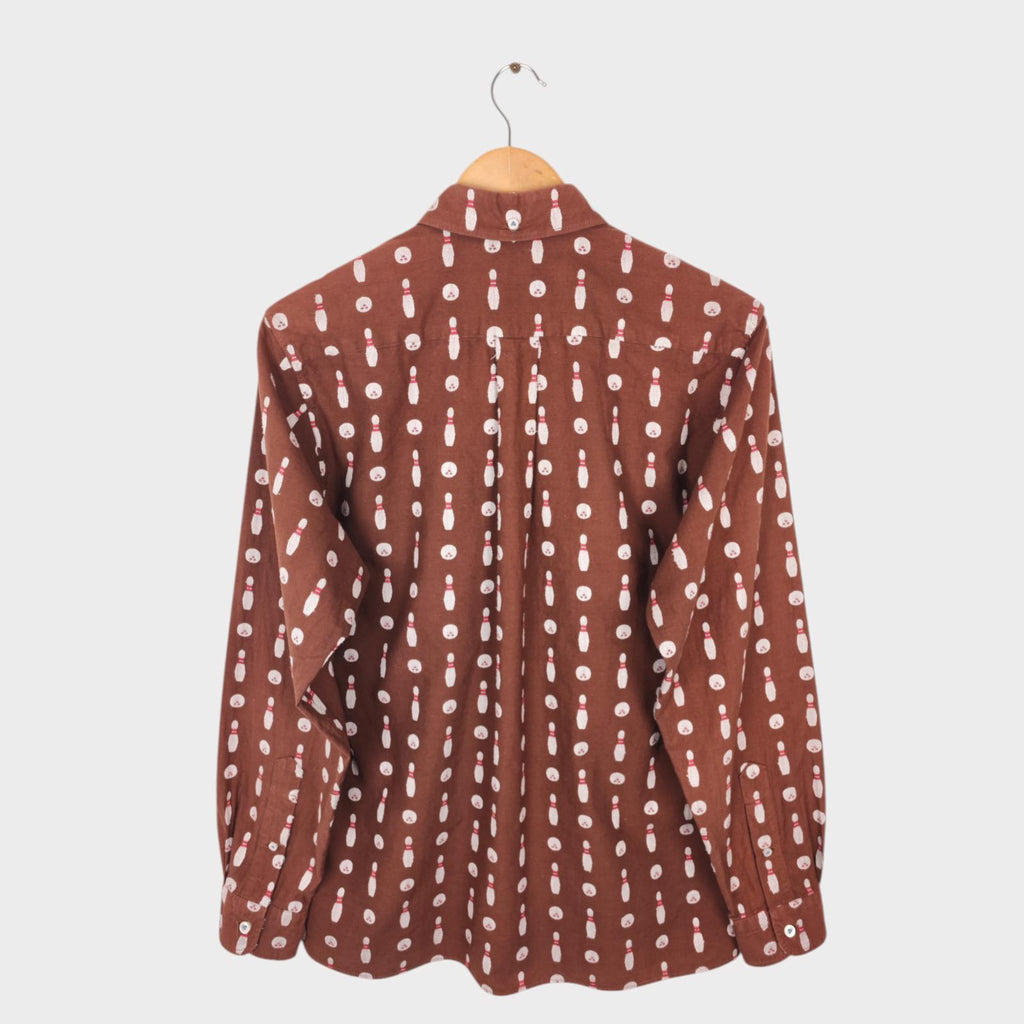 SUGAR CANE Men's Made in Japan Brown Embroidered Bowling Motif Shirt