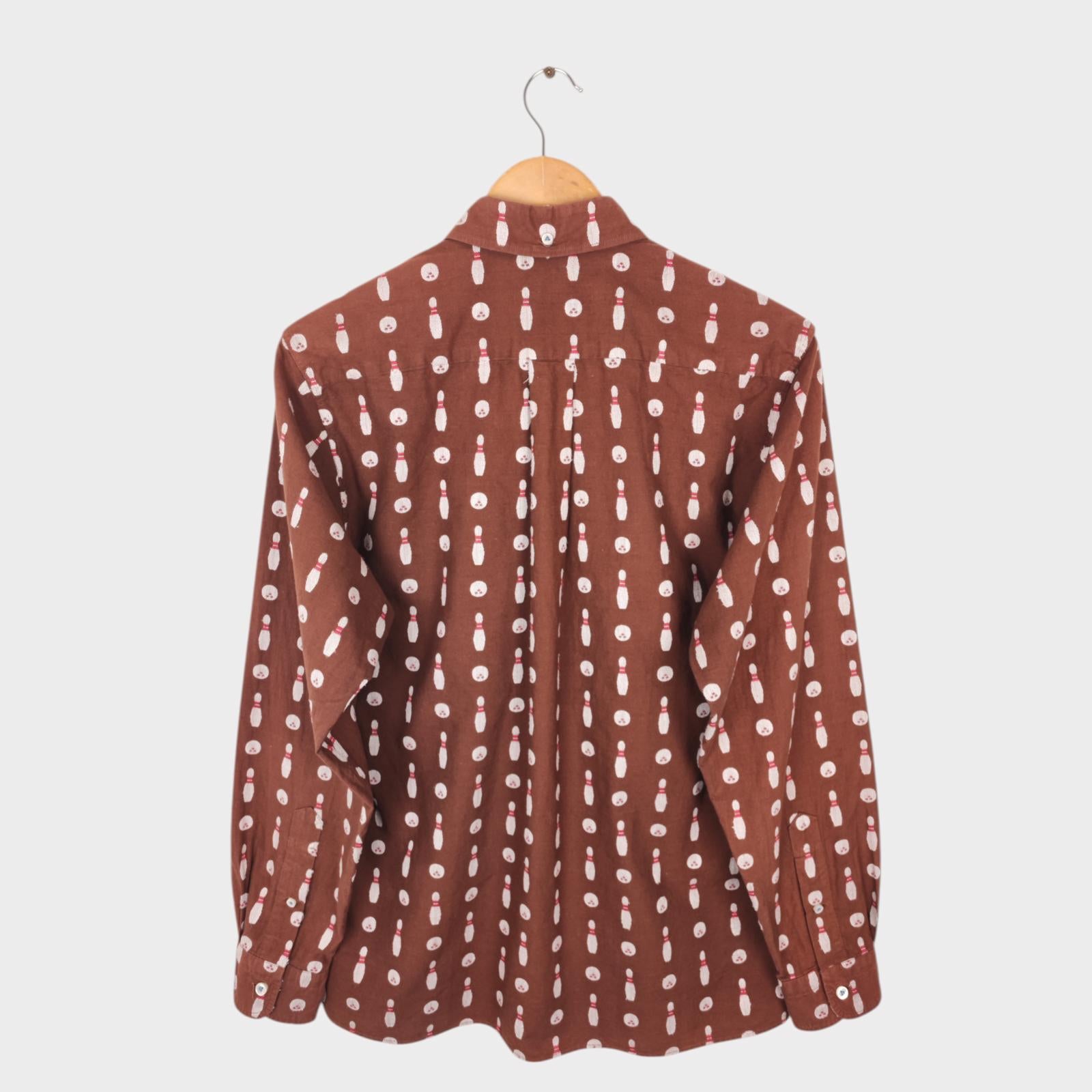 SUGAR CANE Men's Made in Japan Brown Embroidered Bowling Motif Shirt