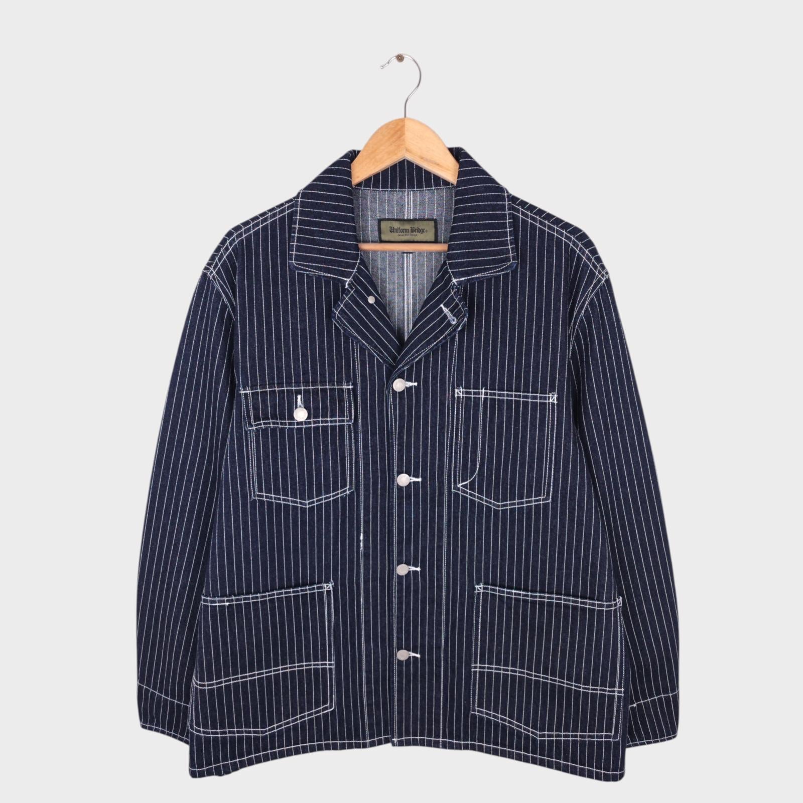 UNIFORM BRIDGE Men's Dark Blue Wabash Striped Denim Chore Jacket