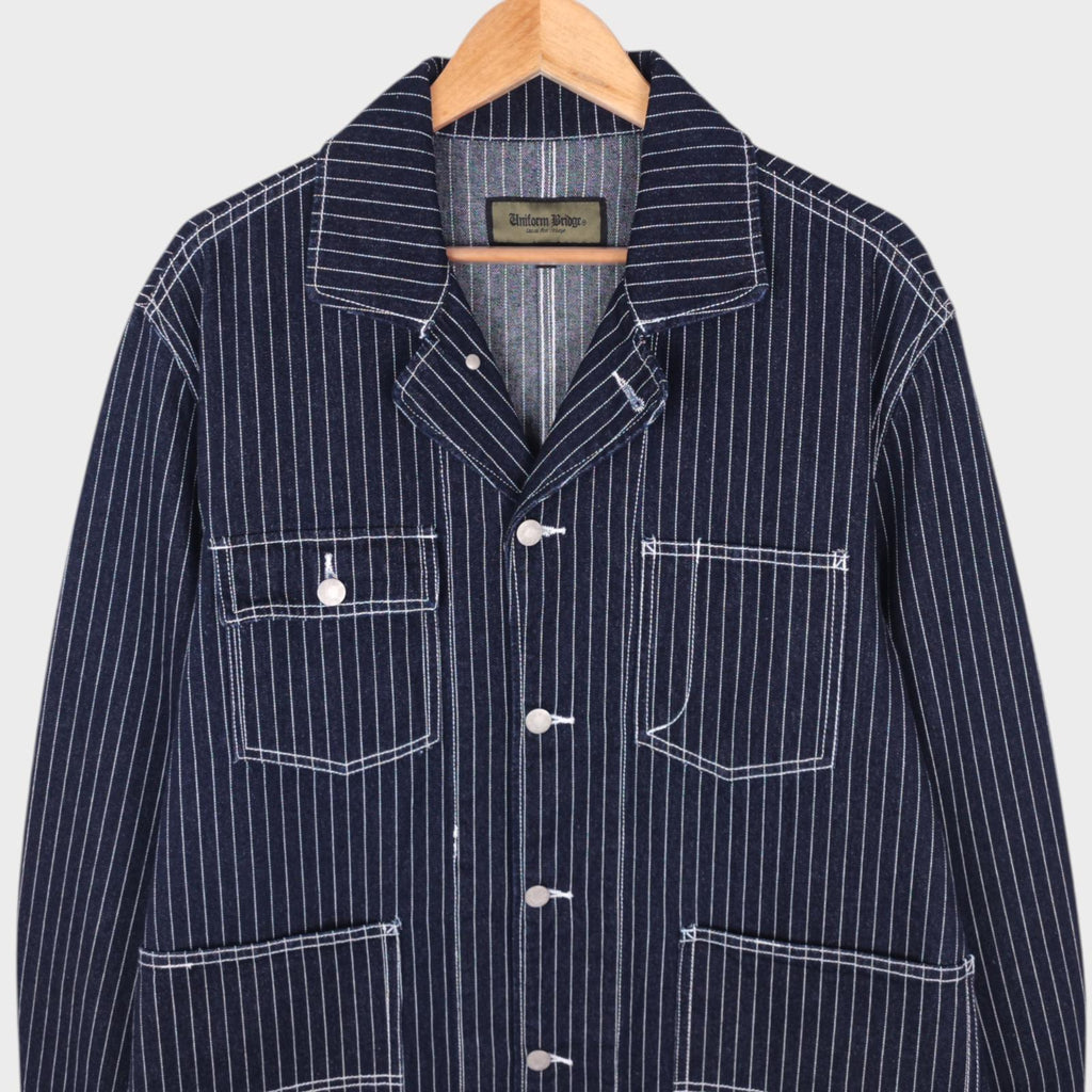 UNIFORM BRIDGE Men's Dark Blue Wabash Striped Denim Chore Jacket