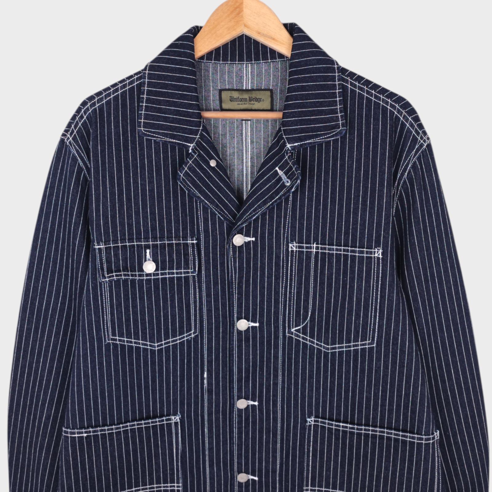 UNIFORM BRIDGE Men's Dark Blue Wabash Striped Denim Chore Jacket