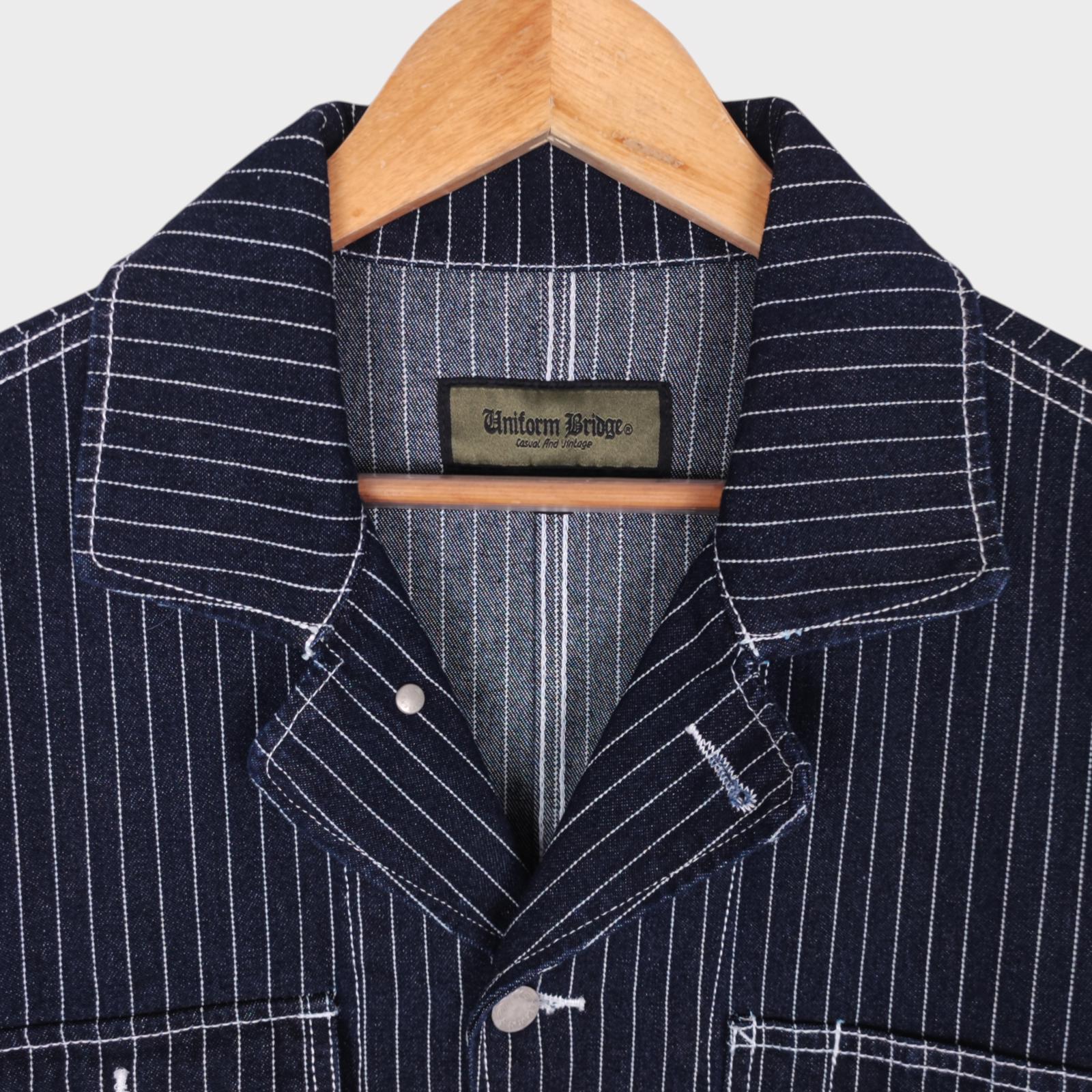 UNIFORM BRIDGE Men's Dark Blue Wabash Striped Denim Chore Jacket