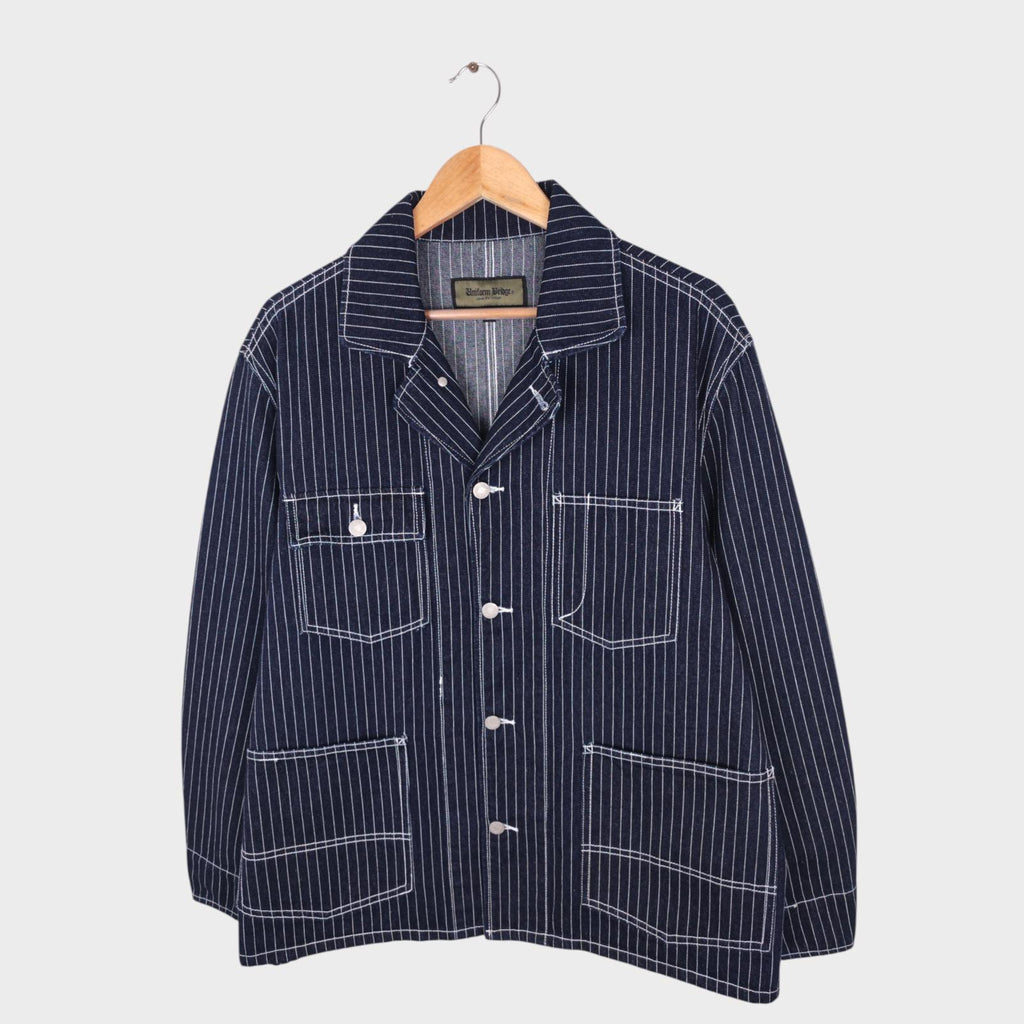 UNIFORM BRIDGE Men's Dark Blue Wabash Striped Denim Chore Jacket