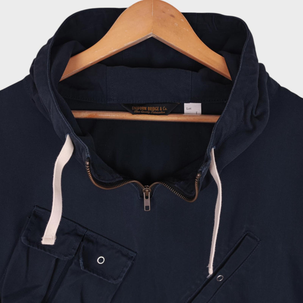 UNIFORM BRIDGE Men's Navy Blue Herringbone Cotton French Military Anorak Parka Smock Jacket