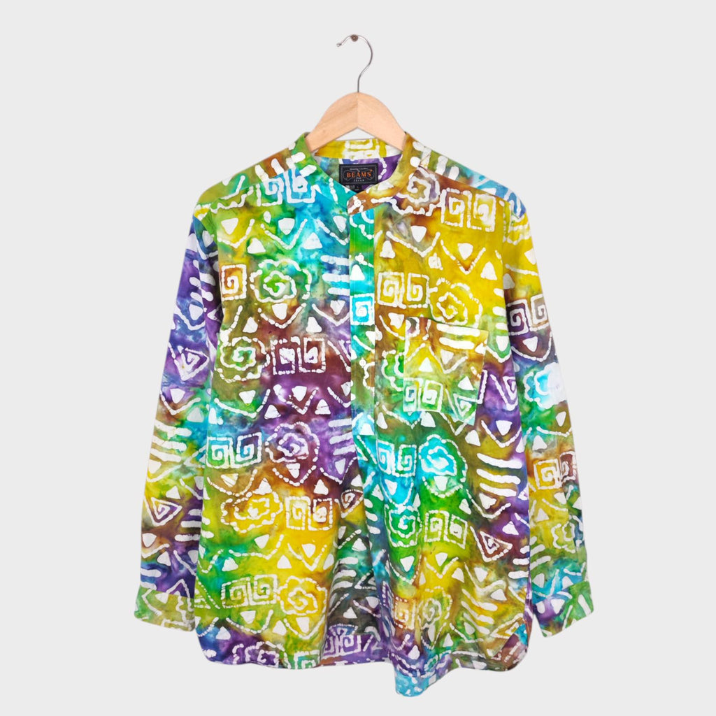 BEAMS PLUS Men's Made in Japan Batik Print Grandad Collar Vacation Shirt