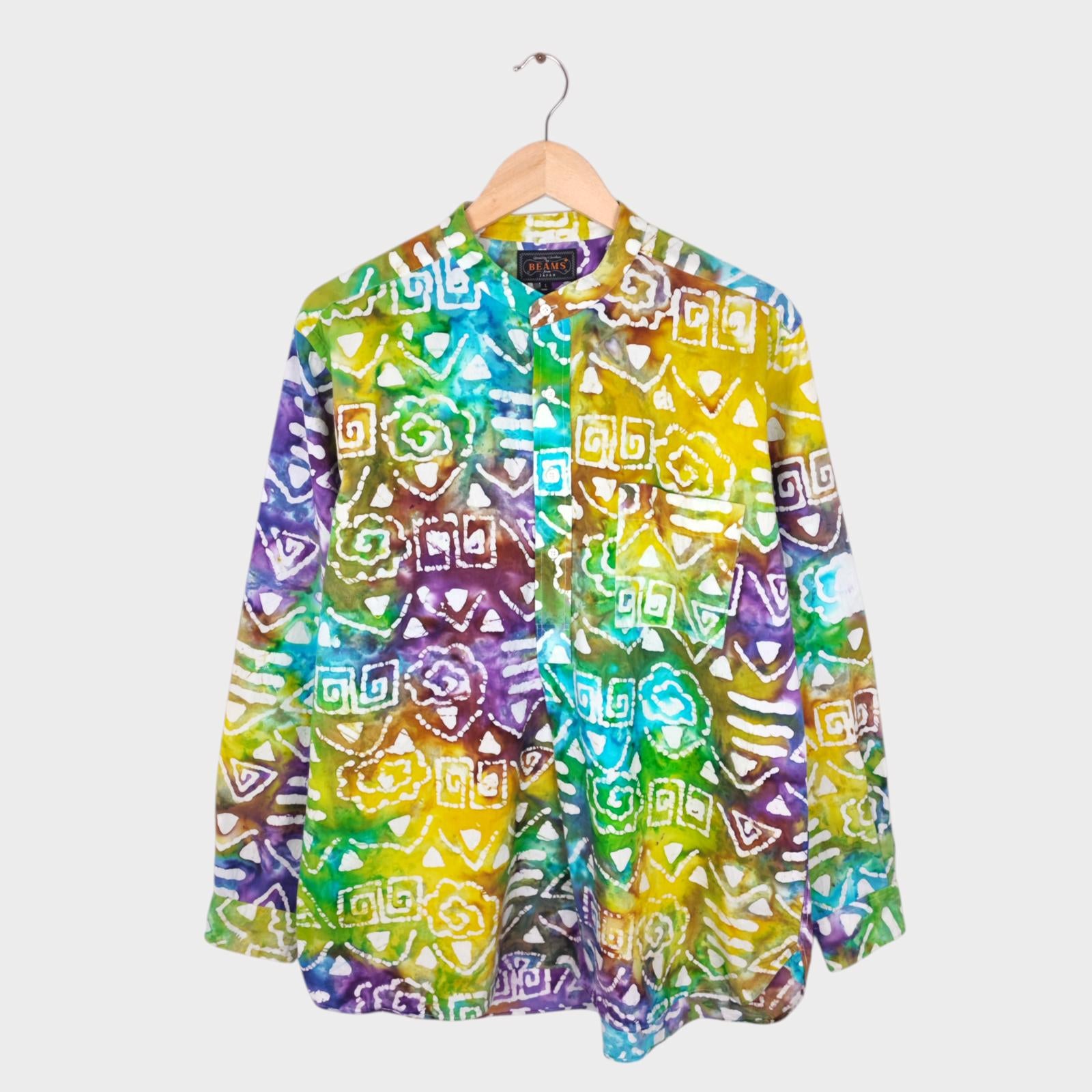 BEAMS PLUS Men's Made in Japan Batik Print Grandad Collar Vacation Shirt