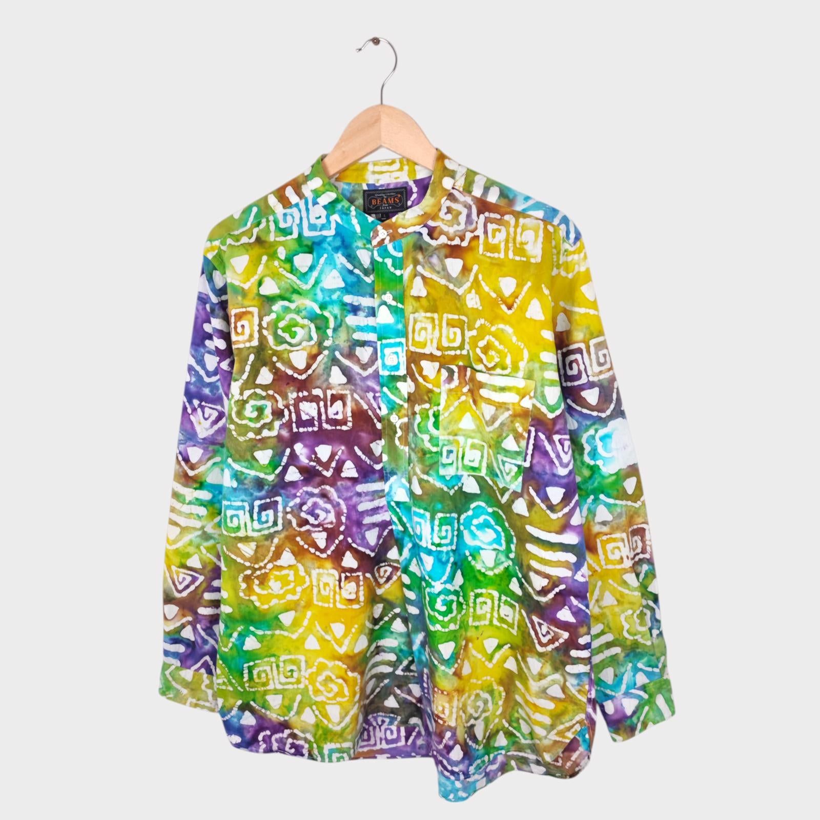 BEAMS PLUS Men's Made in Japan Batik Print Grandad Collar Vacation Shirt