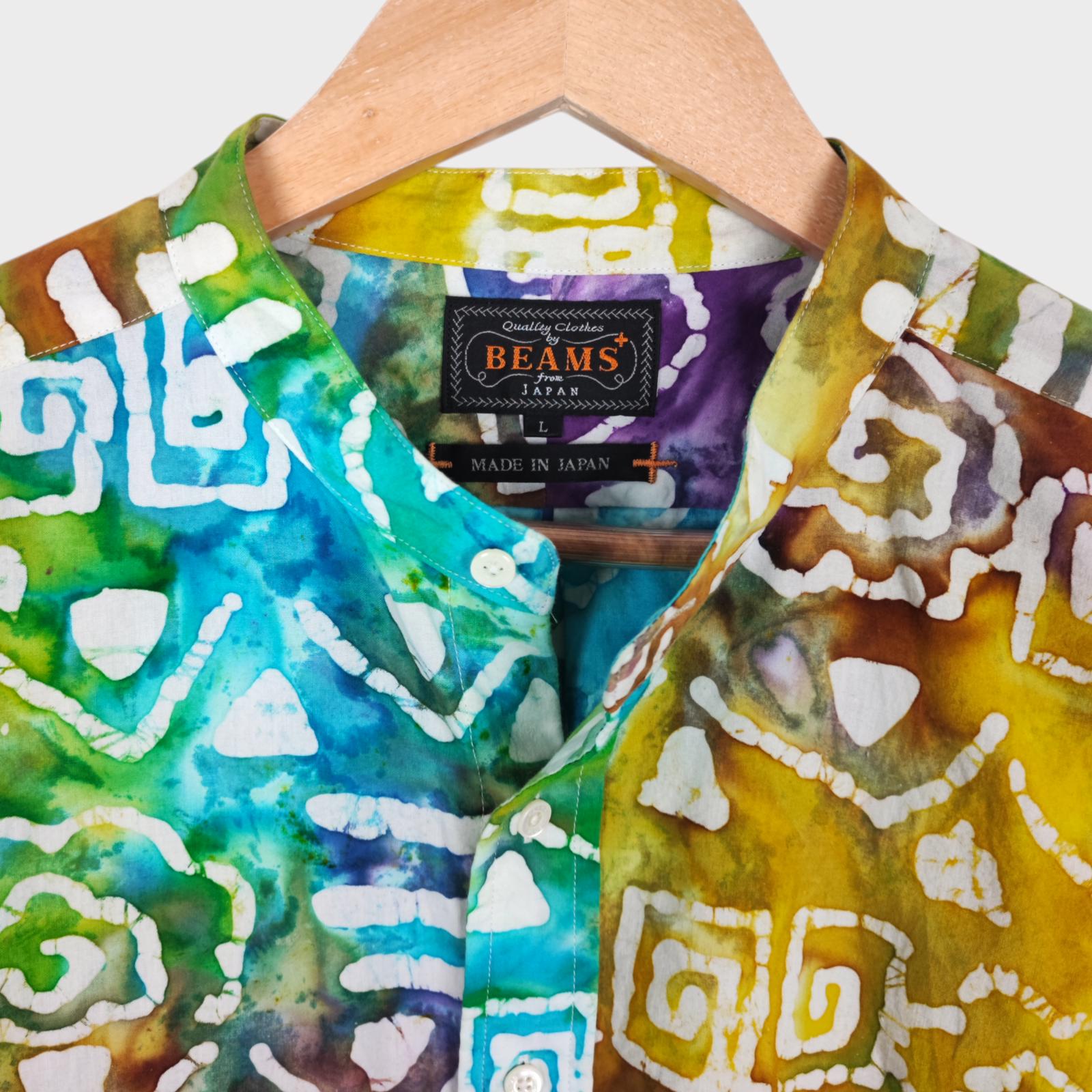 BEAMS PLUS Men's Made in Japan Batik Print Grandad Collar Vacation Shirt