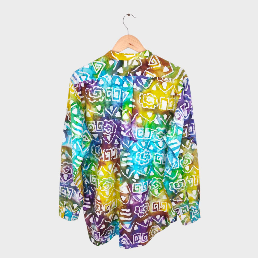 BEAMS PLUS Men's Made in Japan Batik Print Grandad Collar Vacation Shirt