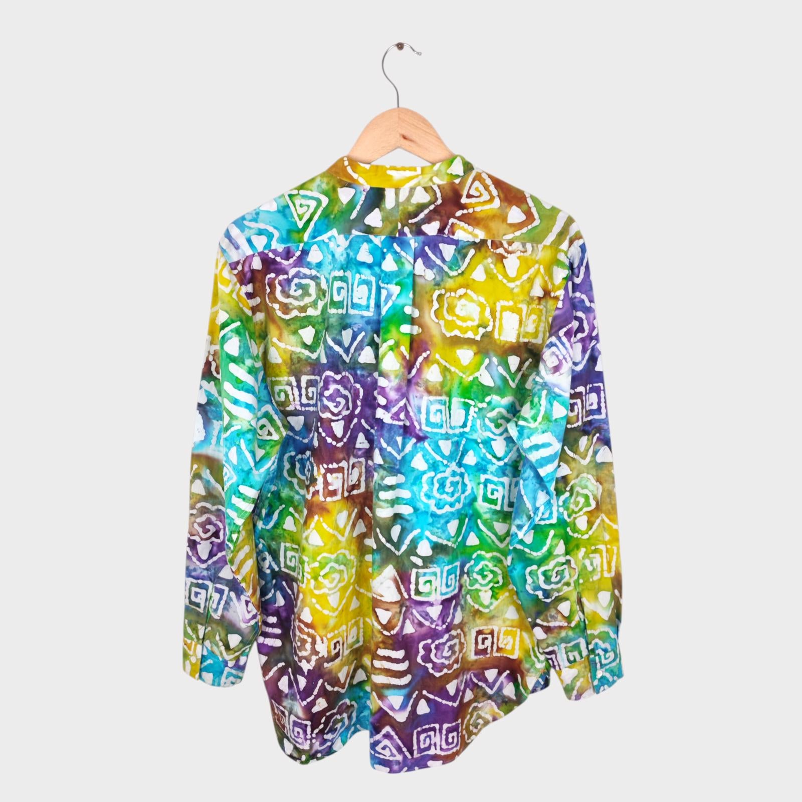 BEAMS PLUS Men's Made in Japan Batik Print Grandad Collar Vacation Shirt