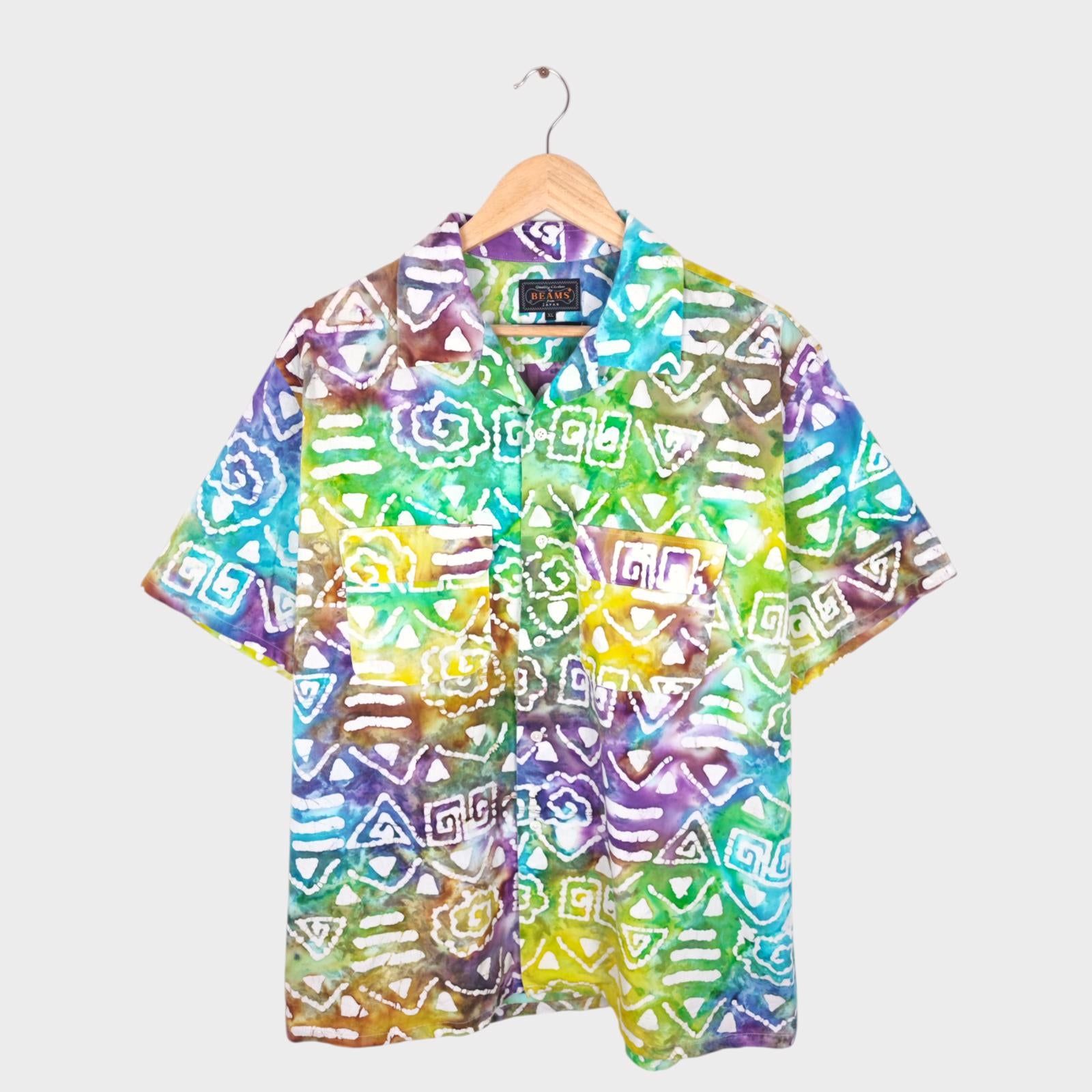 BEAMS PLUS Men's Made in Japan Batik Print Camp Collar Vacation Shirt