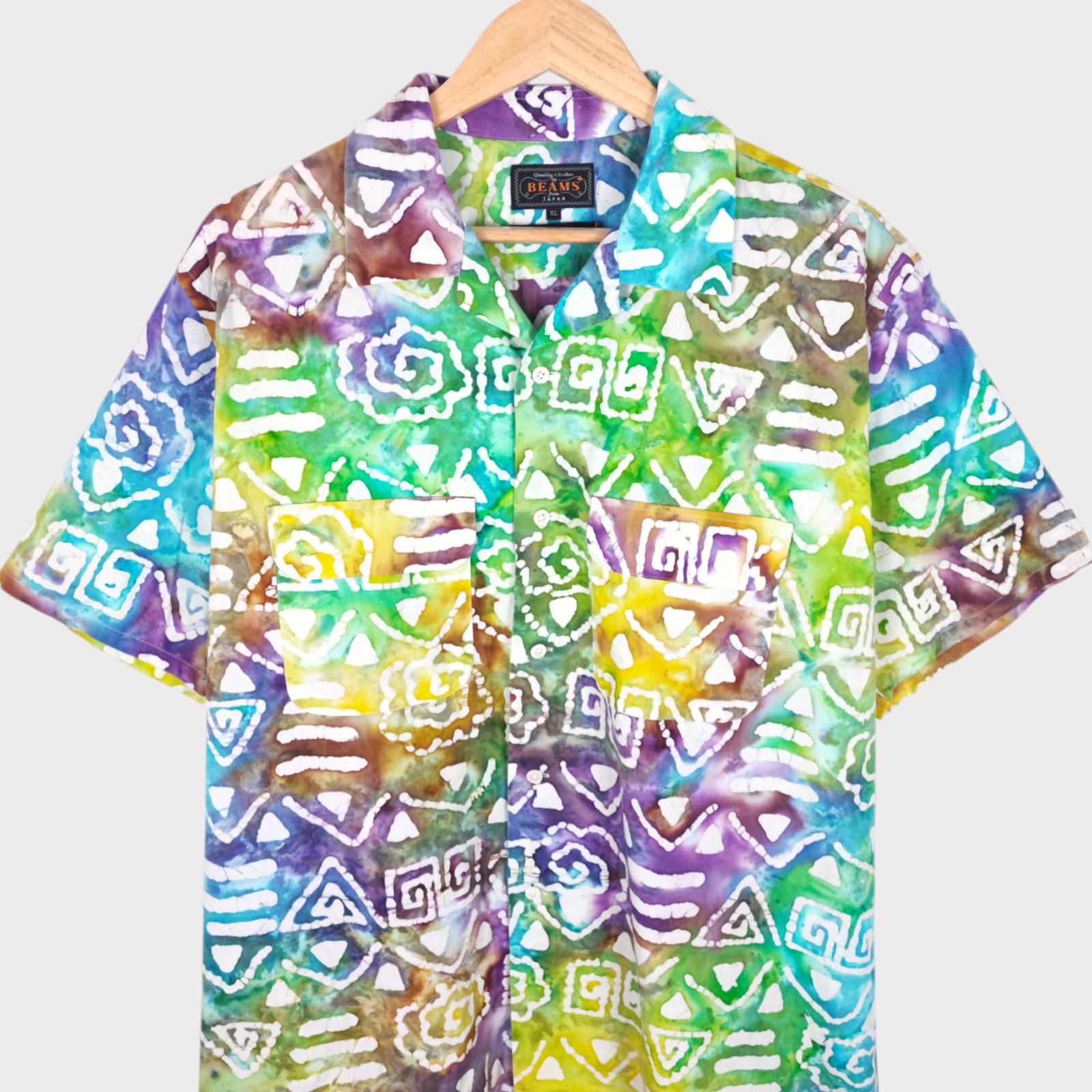 BEAMS PLUS Men's Made in Japan Batik Print Camp Collar Vacation Shirt