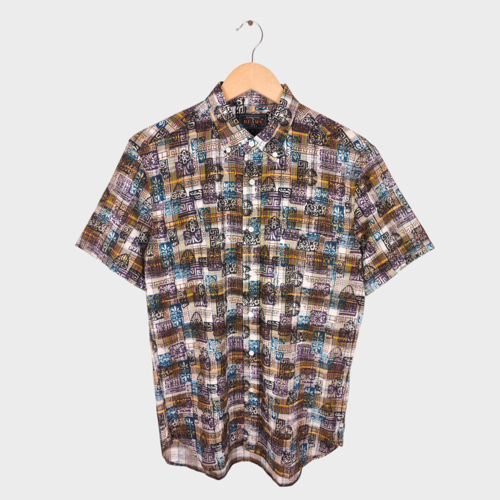 BEAMS PLUS Men's Made in Japan Indian Madras Printed Button Down Shirt