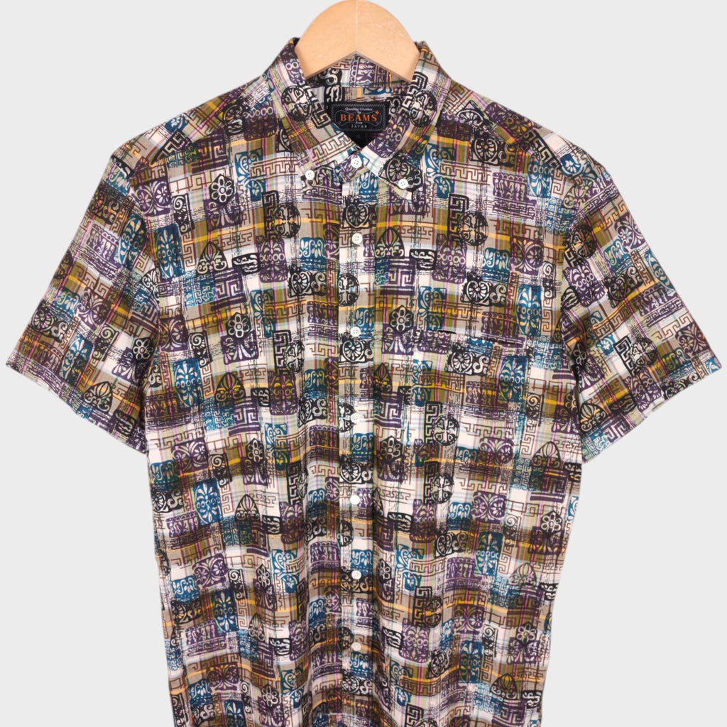 BEAMS PLUS Men's Made in Japan Indian Madras Printed Button Down Shirt