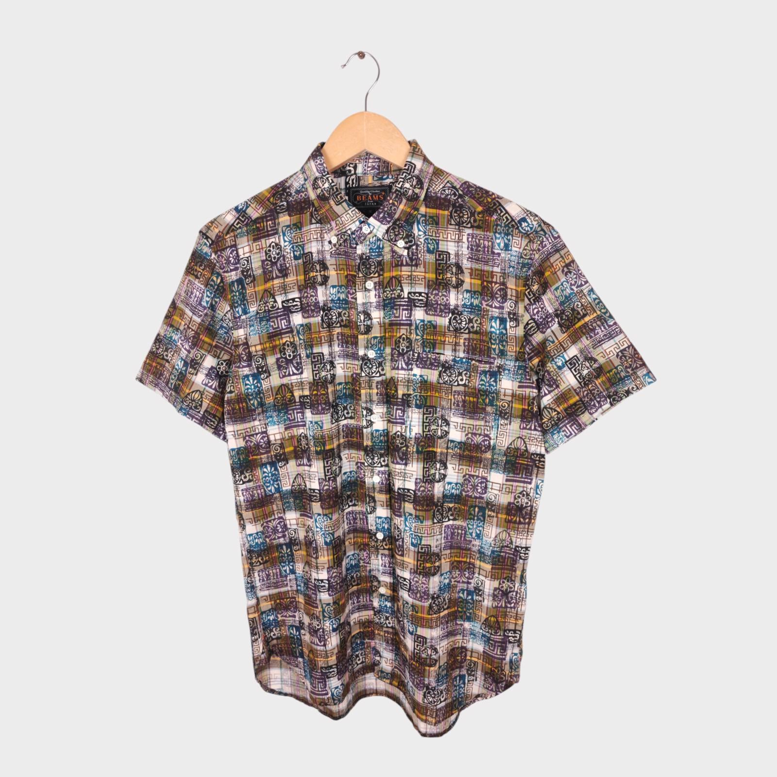 BEAMS PLUS Men's Made in Japan Indian Madras Printed Button Down Shirt