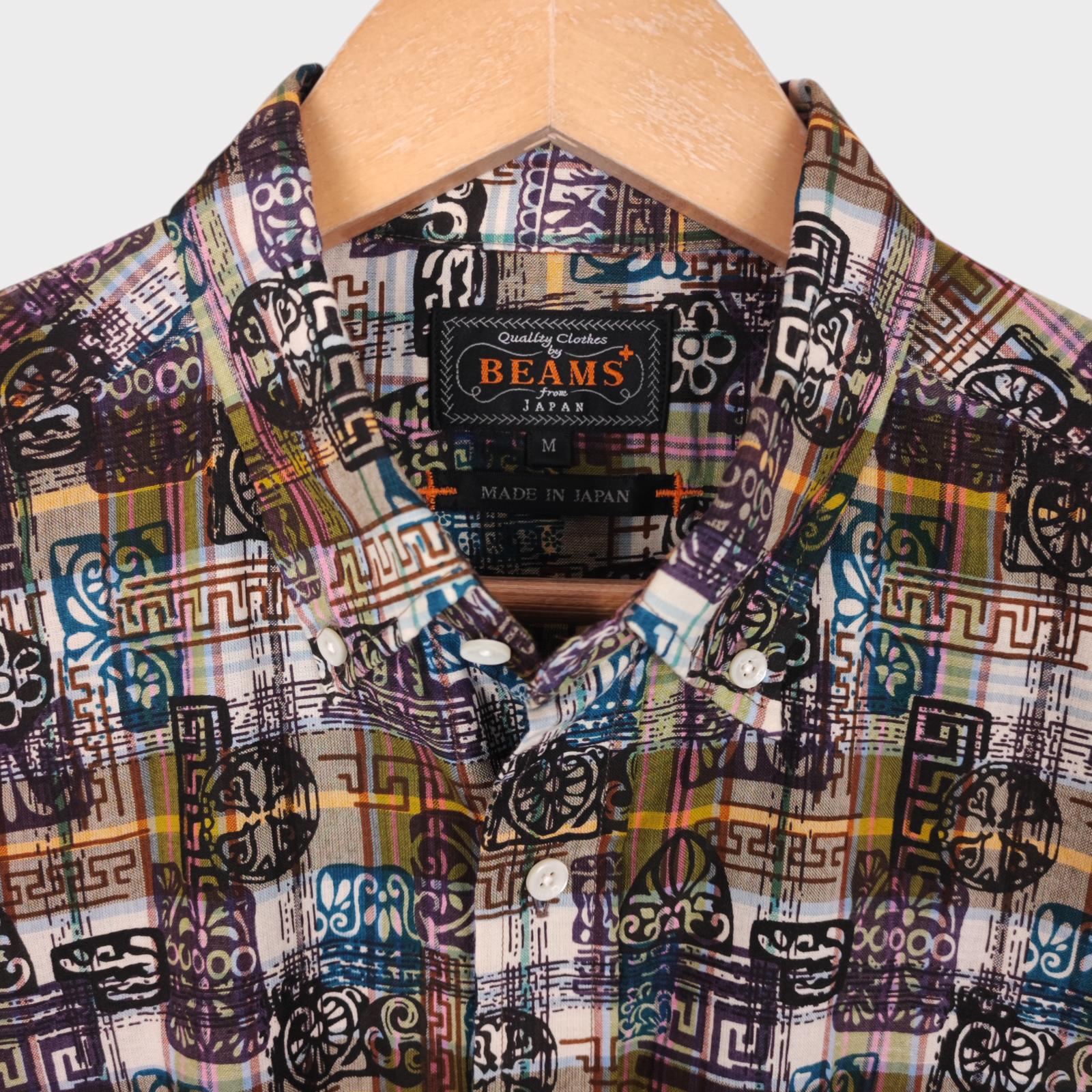 BEAMS PLUS Men's Made in Japan Indian Madras Printed Button Down Shirt