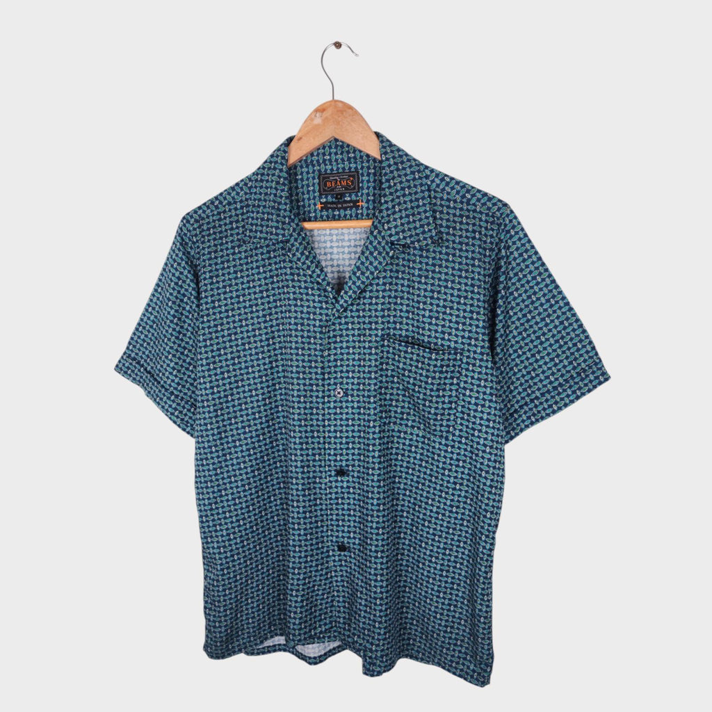 BEAMS PLUS Men's Made in Japan Blue Cupro Blend Paisley Print Vacation Shirt