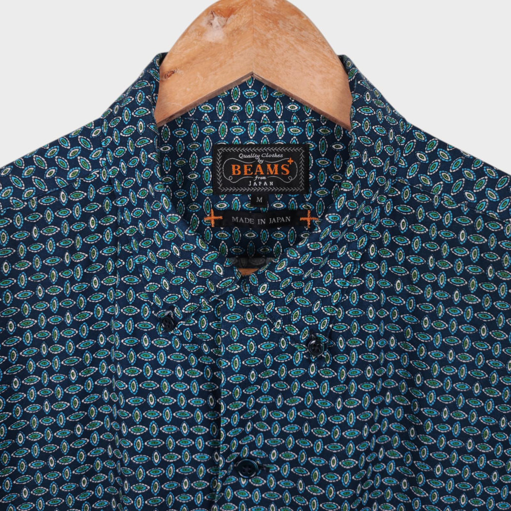 BEAMS PLUS Men's Made in Japan Blue Cupro Blend Paisley Print Vacation Shirt