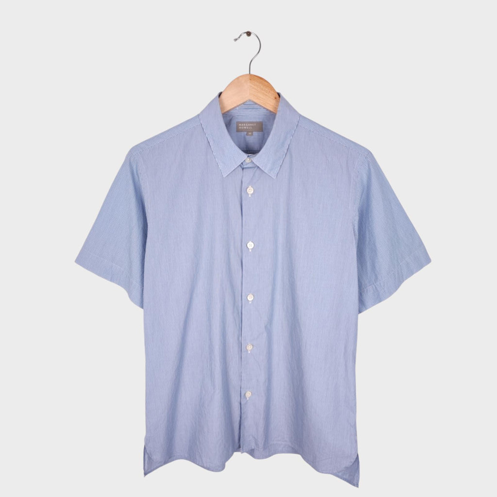 MARGARET HOWELL Men's Blue Striped Short Sleeved Cotton Shirt
