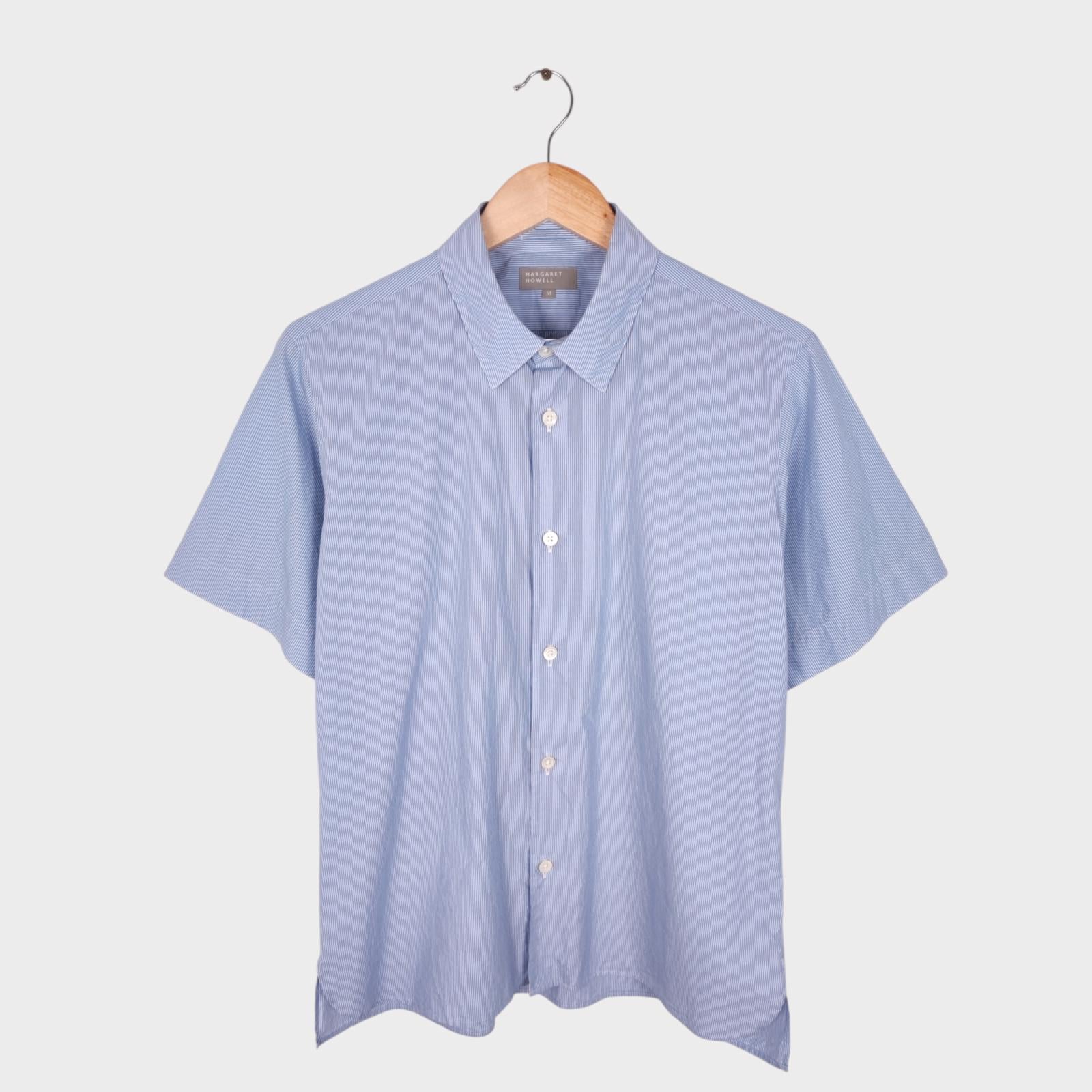 MARGARET HOWELL Men's Blue Striped Short Sleeved Cotton Shirt