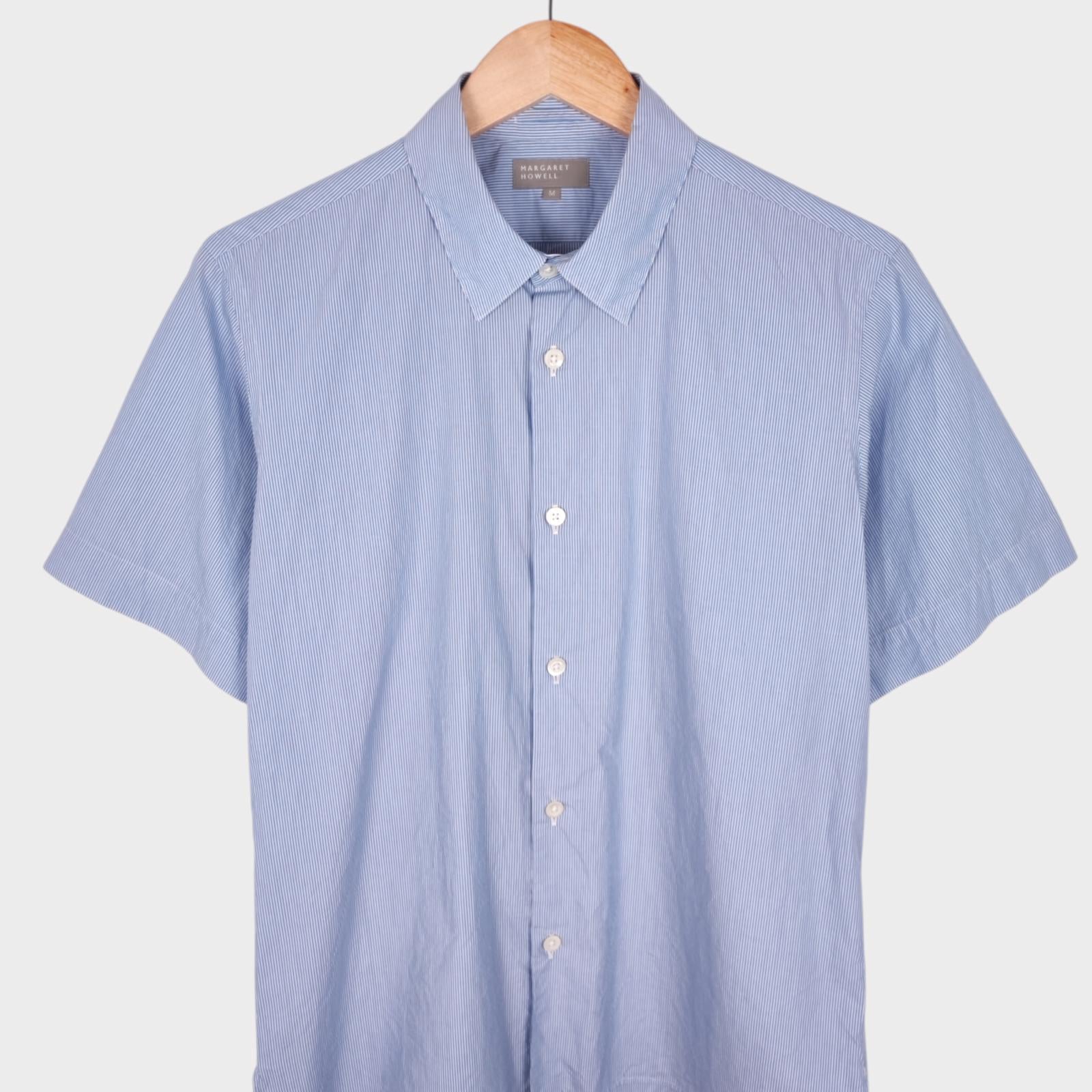 MARGARET HOWELL Men's Blue Striped Short Sleeved Cotton Shirt