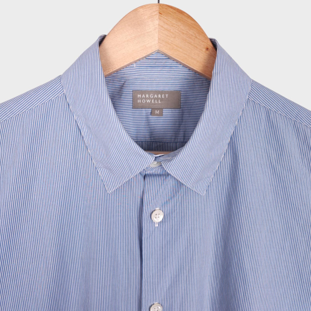 MARGARET HOWELL Men's Blue Striped Short Sleeved Cotton Shirt