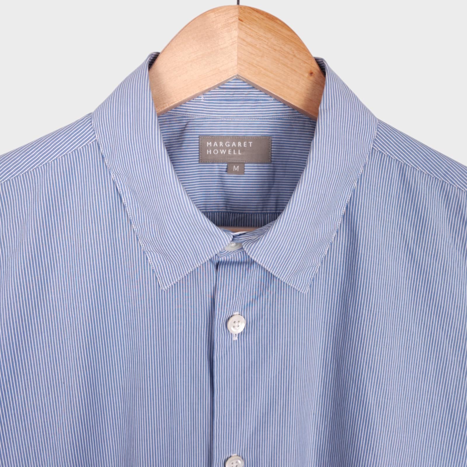MARGARET HOWELL Men's Blue Striped Short Sleeved Cotton Shirt