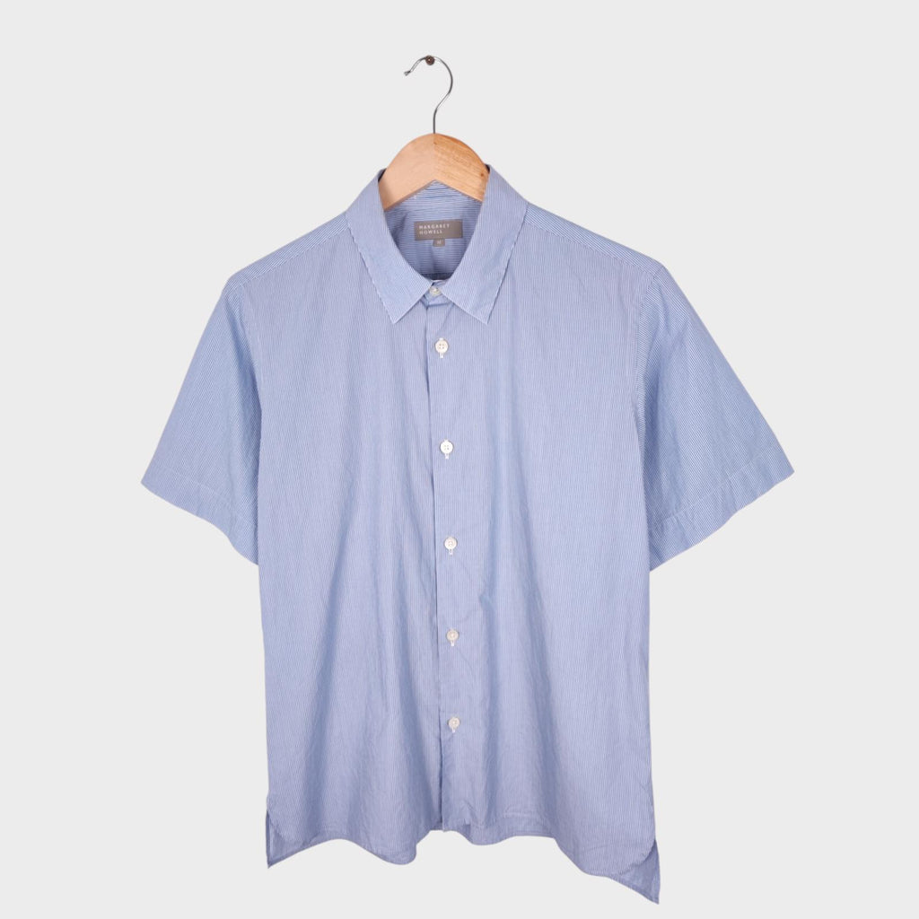 MARGARET HOWELL Men's Blue Striped Short Sleeved Cotton Shirt