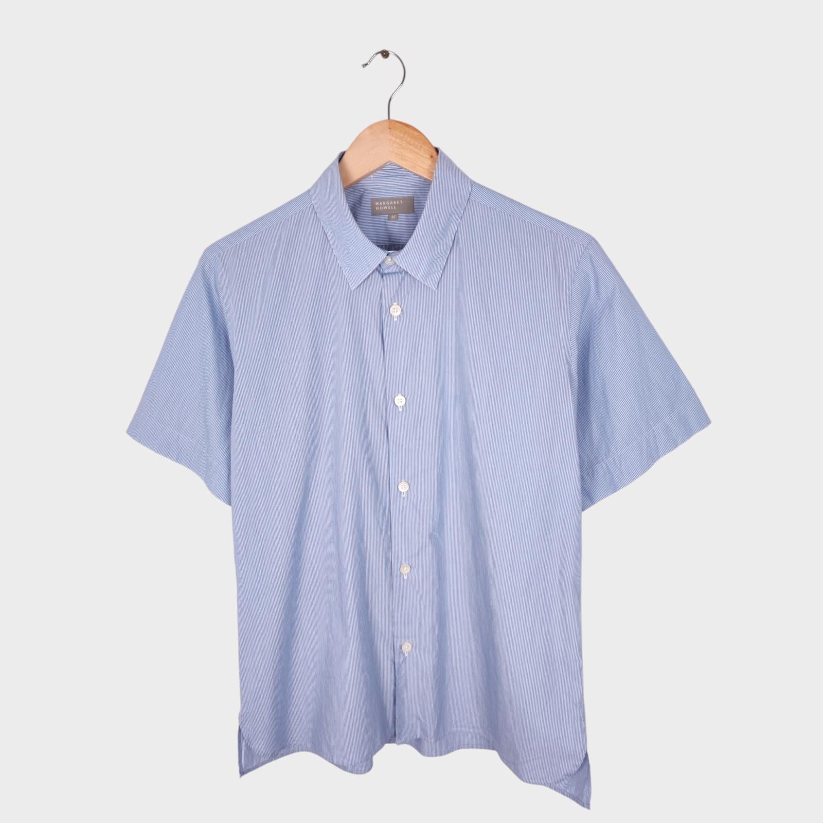 MARGARET HOWELL Men's Blue Striped Short Sleeved Cotton Shirt